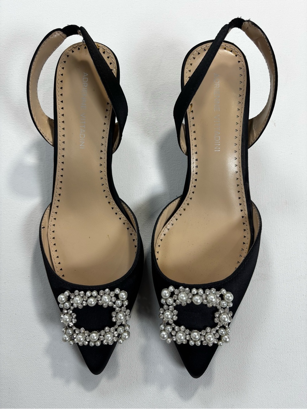 Adrienne Vittadini Black Satin Slingback Pumps with Pearl Buckle Accent